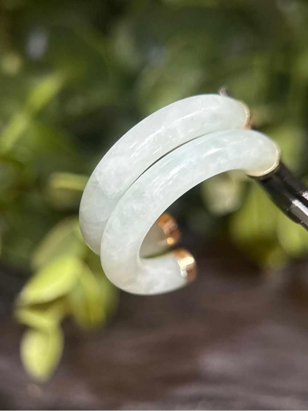 14K Gold Trim Pale Green Jade Hoop Earrings - Picture 5 of 9